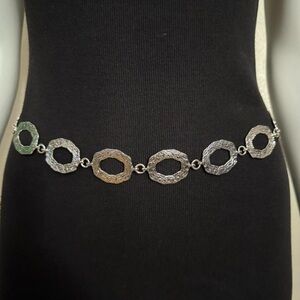 Silver tone metallic skinny chain belt